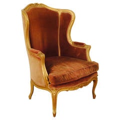 French Louis XV Style Giltwood and Upholstered Bergère, Late 19th Century