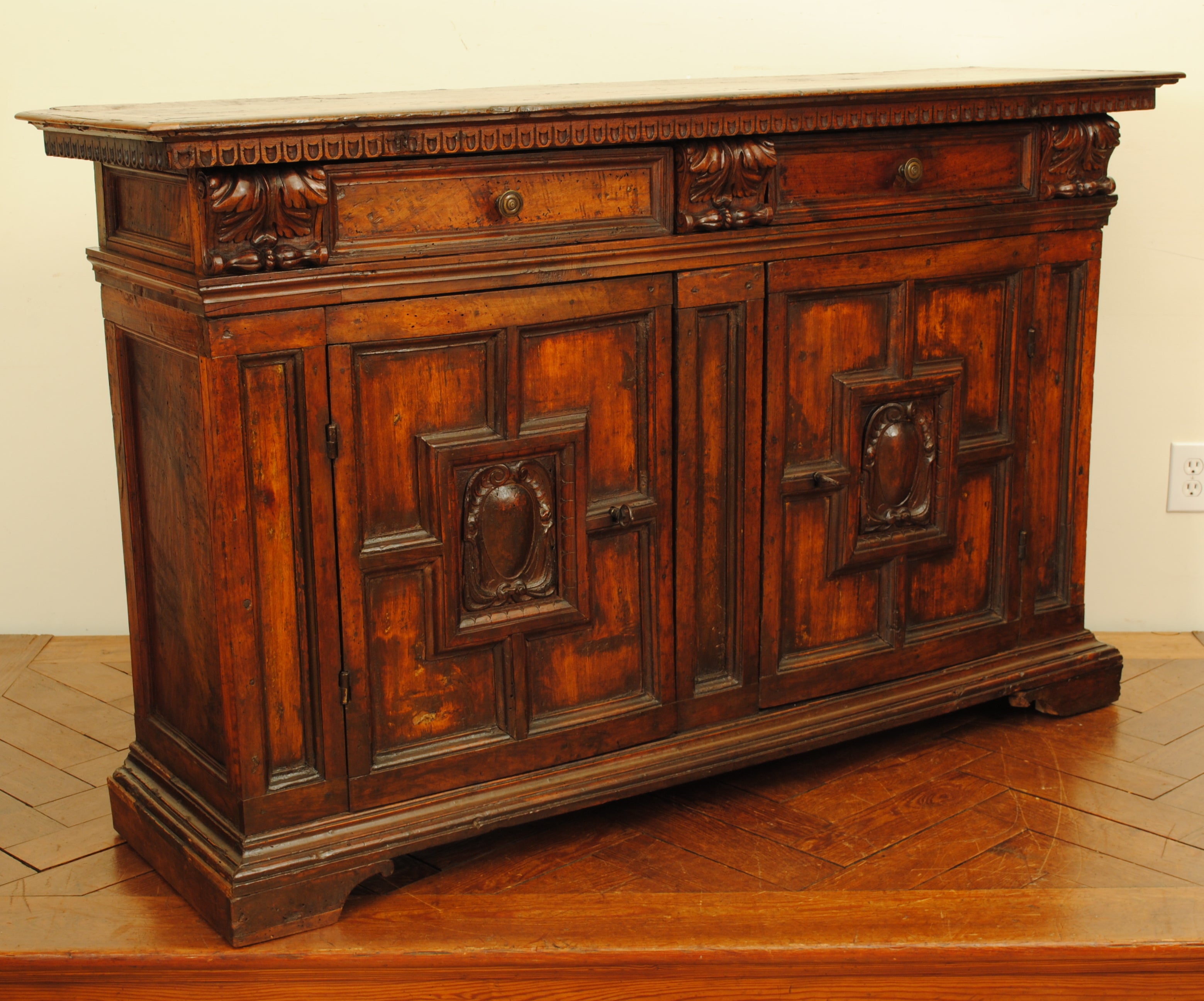 Italian Baroque Period 2-Door, 2-Drawer Carved Walnut Credenza