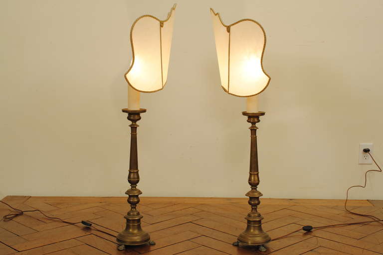 A Pair of Early 19th Century Italian Brass Pricket Table Lamps In Excellent Condition In Atlanta, GA