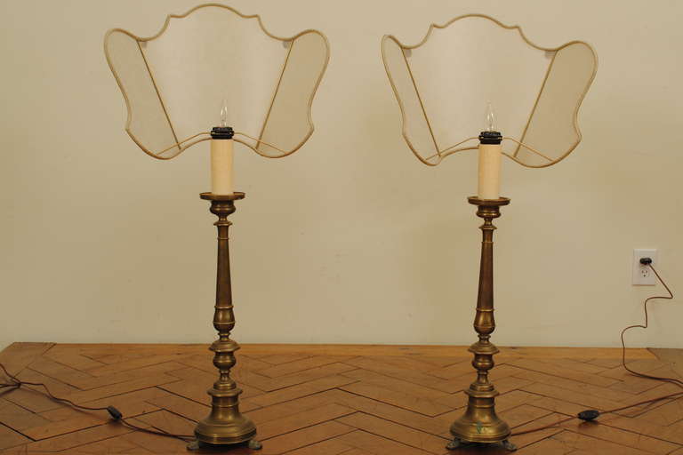 A Pair of Early 19th Century Italian Brass Pricket Table Lamps 1