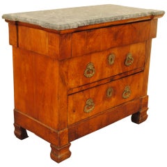 A Beautifully Figured Restauration Period Walnut and Marble Top 3-Drawer Commode