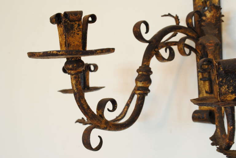 Pair of Italian Wrought and Gilt Iron Three-Light Wall Sconces 1