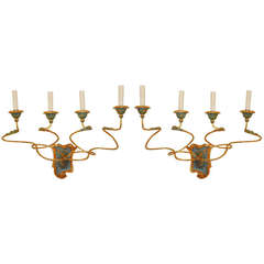 A Pair of Italian Rococo Period 4-Light Painted and Gilded Sconces