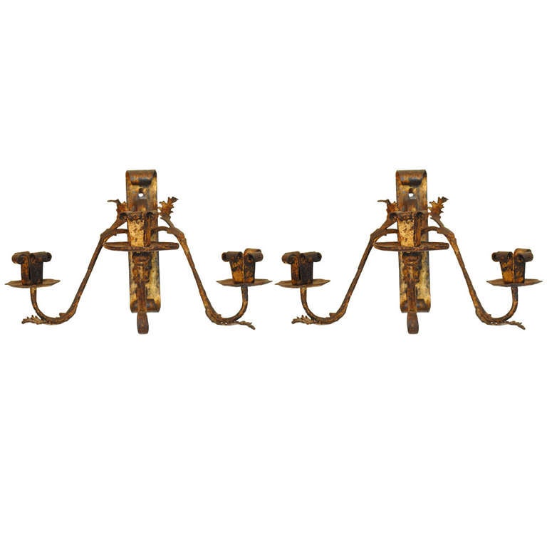 Pair of Italian Wrought and Gilt Iron Three-Light Wall Sconces