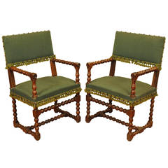 Pair of French Louis XIII Turned Walnut and Upholstered Fauteuils, 18th Century
