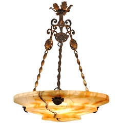 Antique Italian Art Deco Period Alabaster and Gilt Iron Hanging Lantern