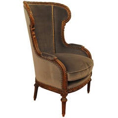 French Louis XVI Style, Carved Walnut and Upholstered Bergere