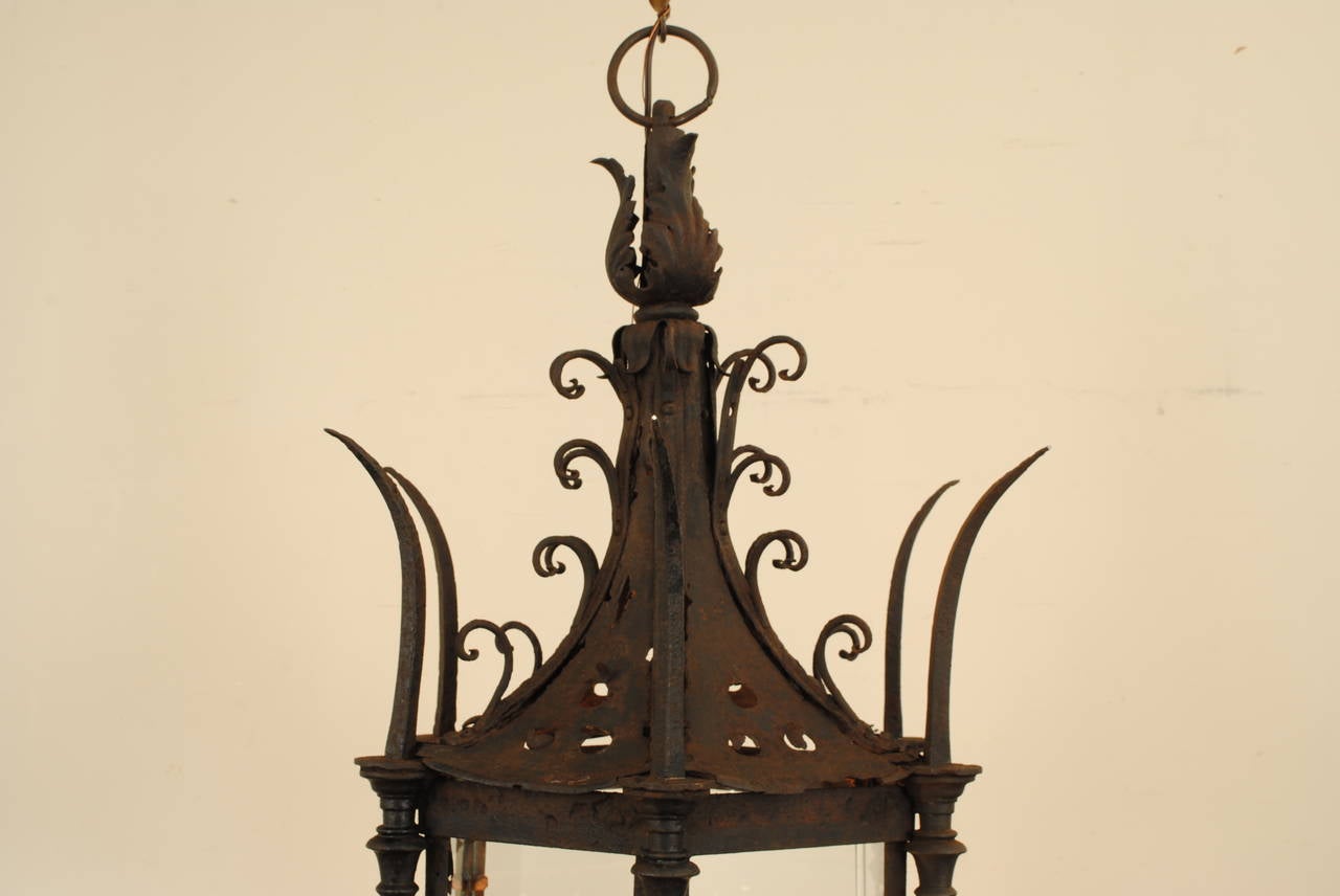 Italian Baroque Style, 19th Century Large Hexagonal Wrought Iron Lantern In Fair Condition In Atlanta, GA
