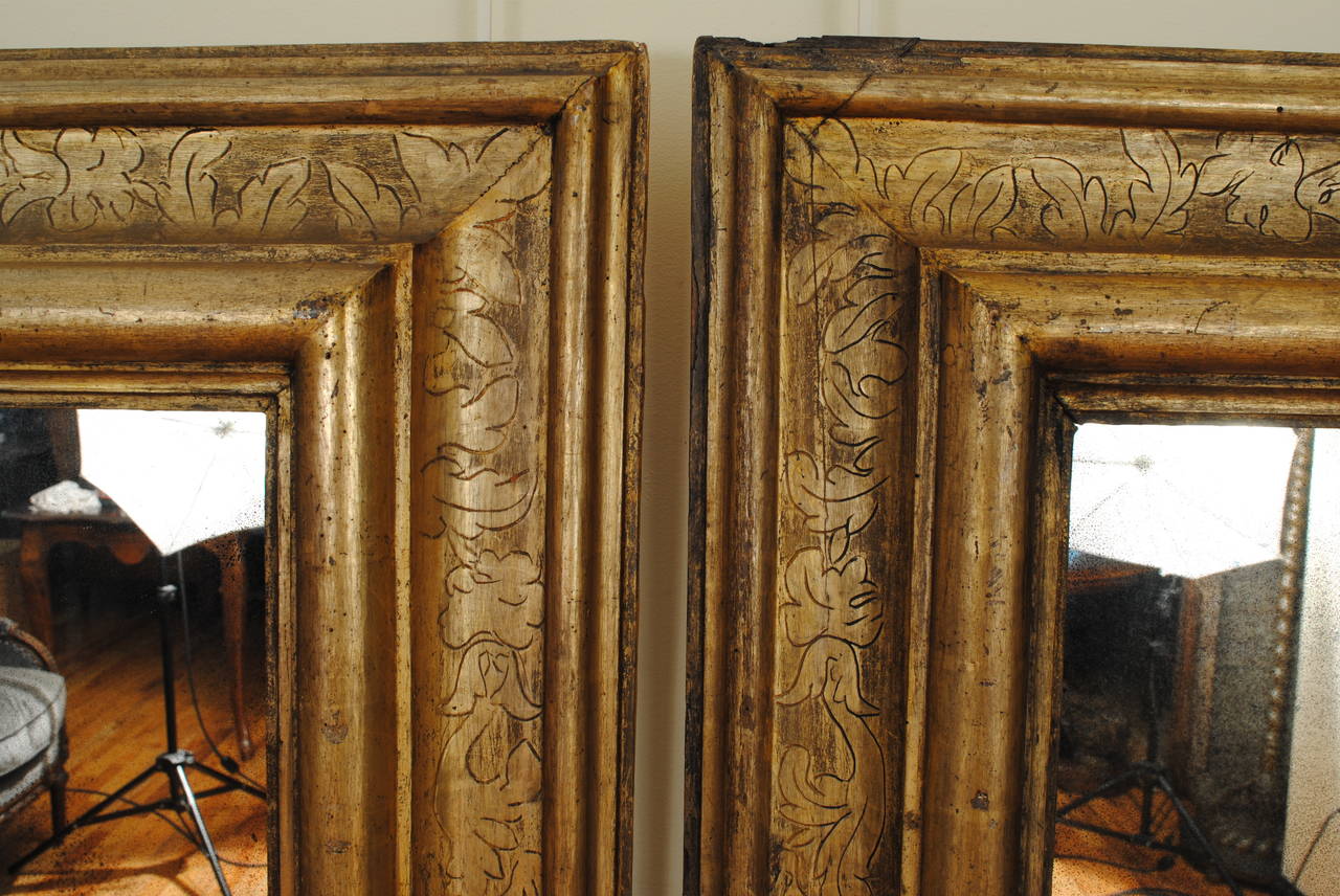 Mid-19th Century Pair of Italian Baroque Style 19th Century Etched Mecca Frames with Mirrors