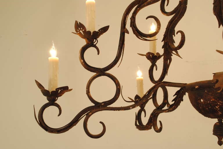 Wrought Iron Spanish Rococo Style Provincial Wrought & Painted Iron 15-Light Chandelier