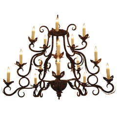 Spanish Rococo Style Provincial Wrought & Painted Iron 15-Light Chandelier