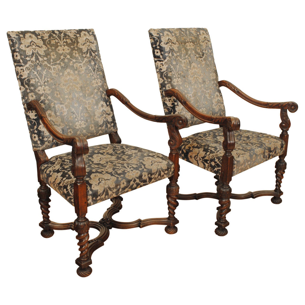 Unusual Pair of French Carved Walnut 19th Century Fauteuils at 1stDibs