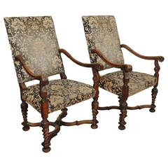 Unusual Pair of French Carved Walnut 19th Century Fauteuils