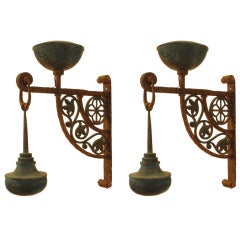 Unique Pair Italian Wrought Iron & Patinated Brass 2-Light Sconces, Early 20thc