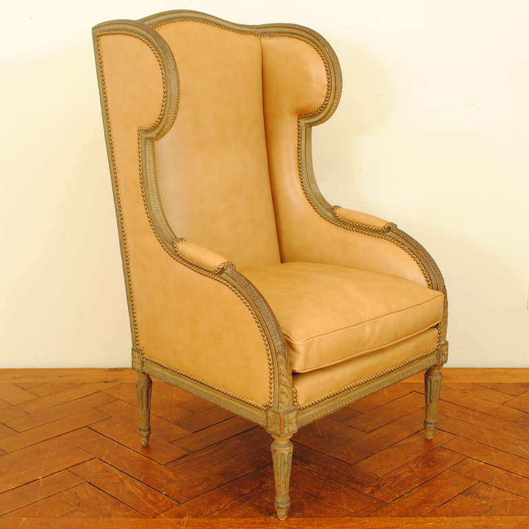 Carved and Painted French Louis XVI Style Winged Bergere
