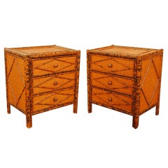 A Pair of Vintage Faux Bamboo and Rattan Bedside Commodes