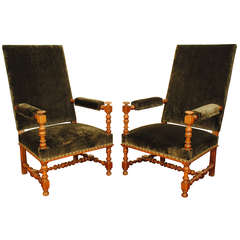 Pair of French Louis XIII Style Fruitwood Fauteuils, 19th Century