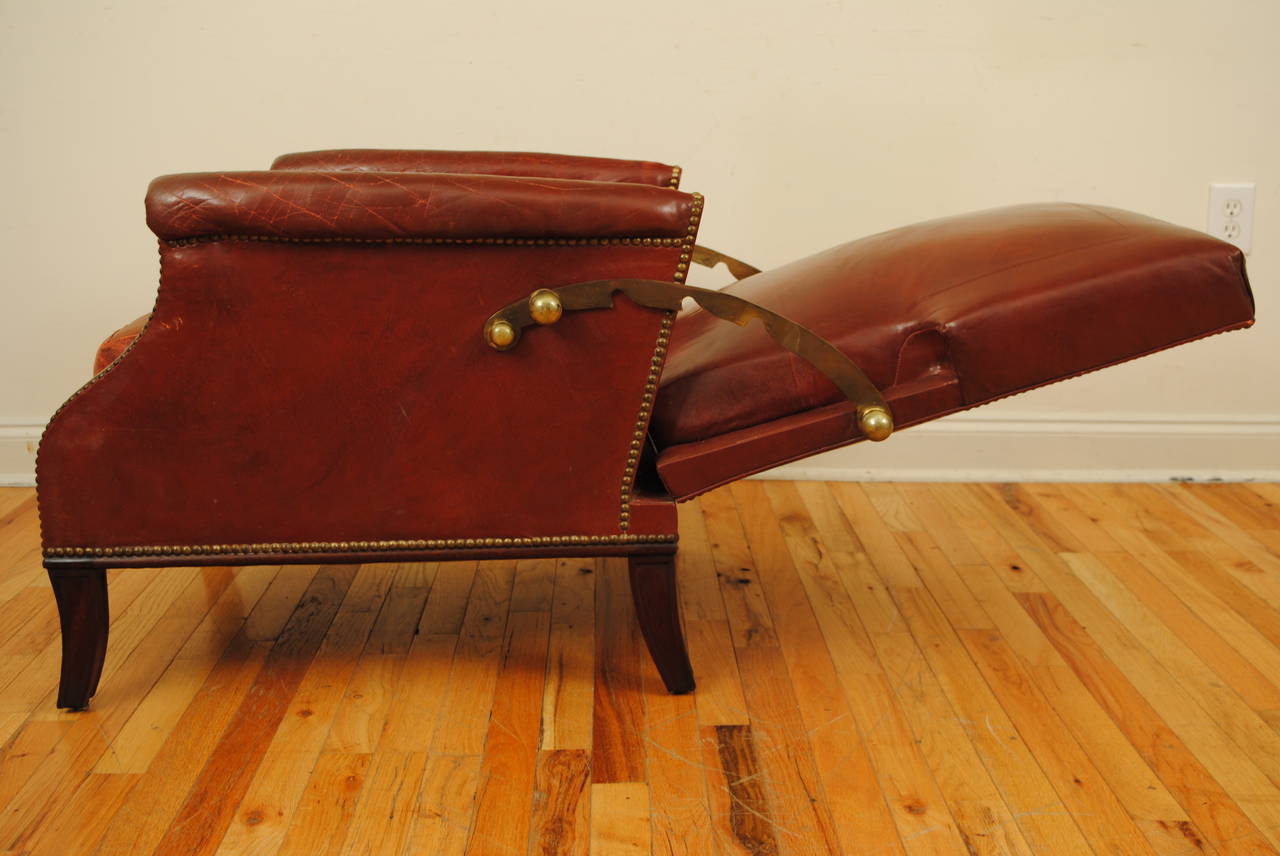 20th Century French Neoclassical Style Red Leather and Brass Reclining Bergere