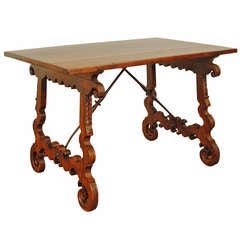 Antique A 17th Century Spanish Baroque Carved Walnut and Iron Center Table