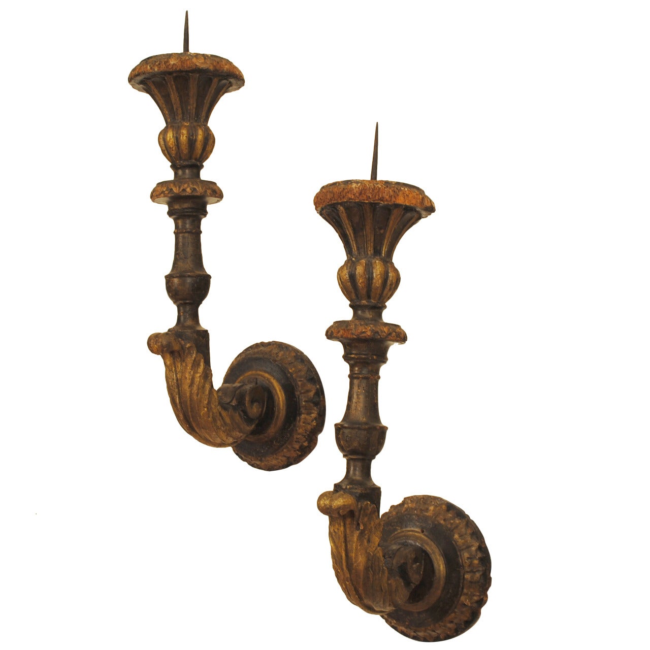 Pair of Italian Late Baroque Carved Giltwood and Painted Wall Sconces