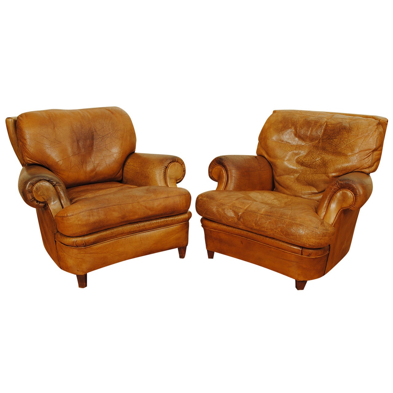Near Pair of French Leather Upholstered Club Chairs