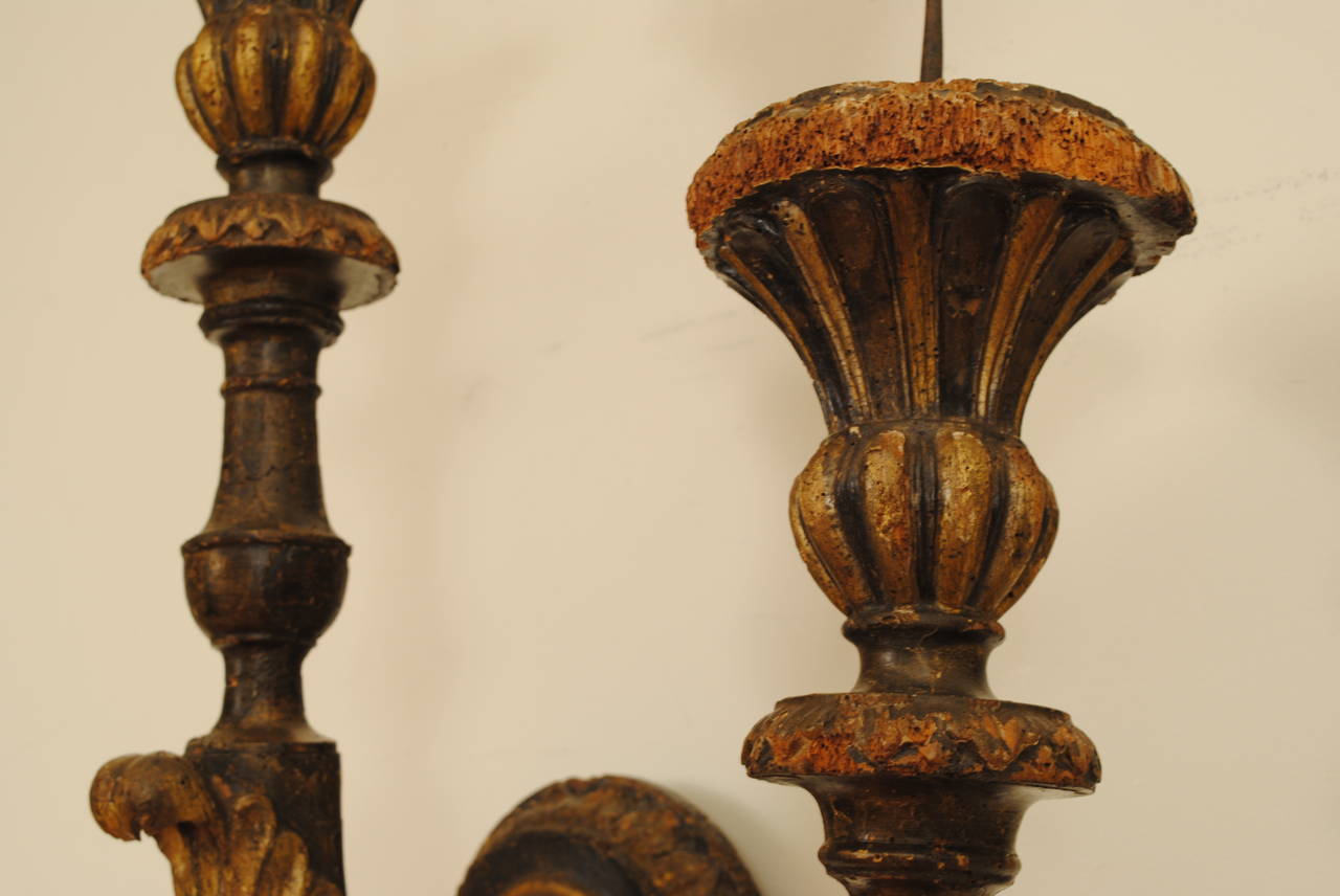 18th Century and Earlier Pair of Italian Late Baroque Carved Giltwood and Painted Wall Sconces