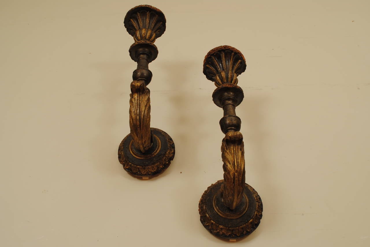 Pair of Italian Late Baroque Carved Giltwood and Painted Wall Sconces 4