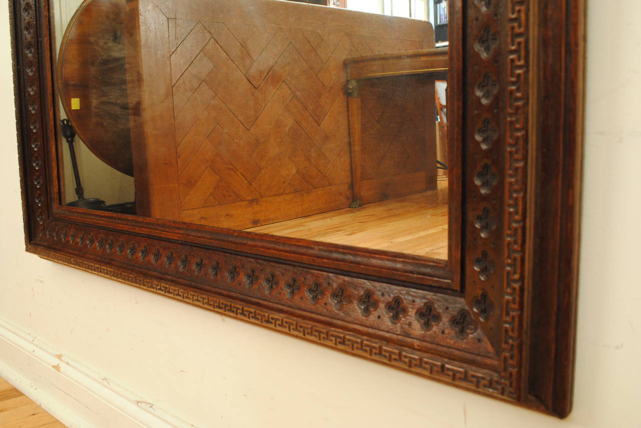 Neoclassical Revival French Carved Oak Mirror, Greek Key and Quatrefoils, Late 19th Century
