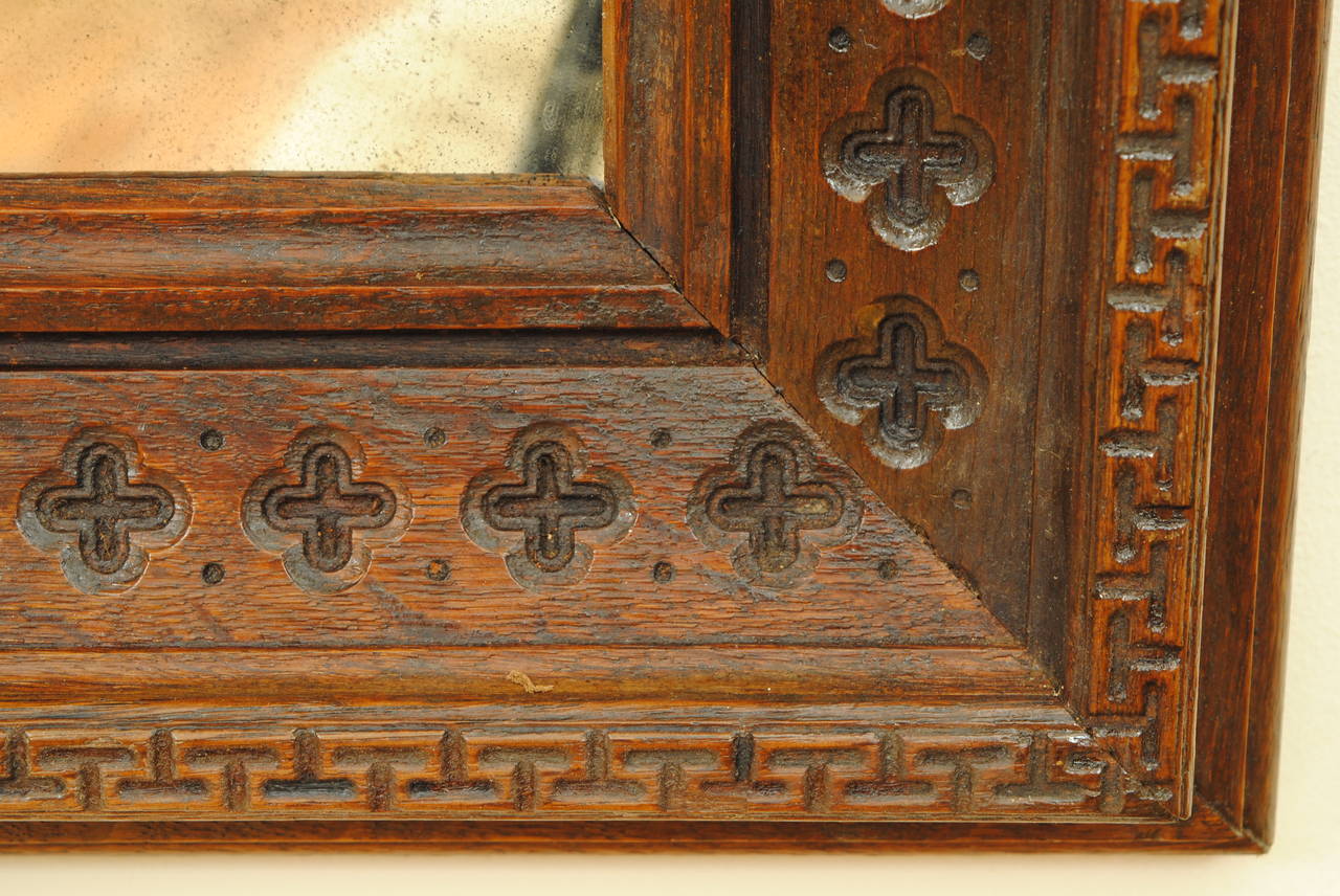 French Carved Oak Mirror, Greek Key and Quatrefoils, Late 19th Century In Excellent Condition In Atlanta, GA