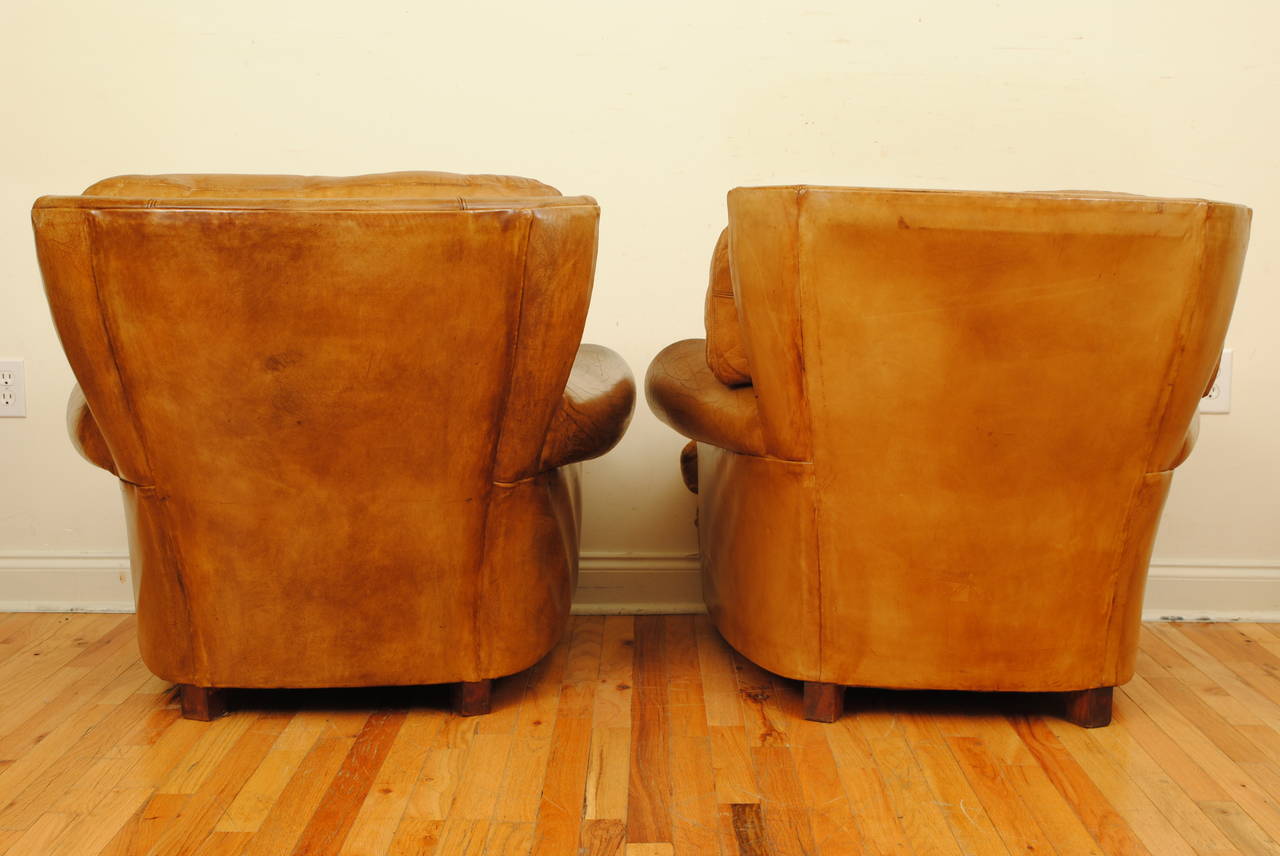 Near Pair of French Leather Upholstered Club Chairs In Good Condition In Atlanta, GA