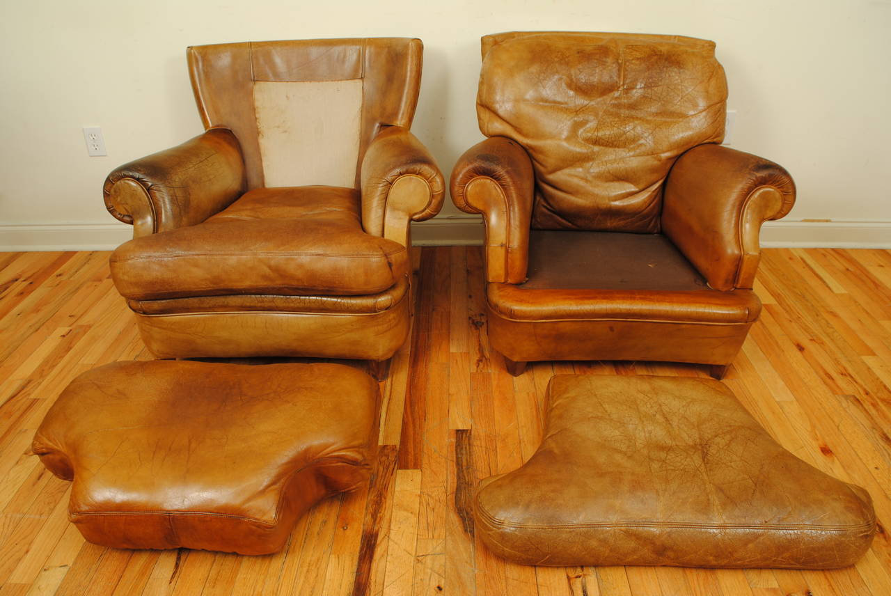 Late 20th Century Near Pair of French Leather Upholstered Club Chairs