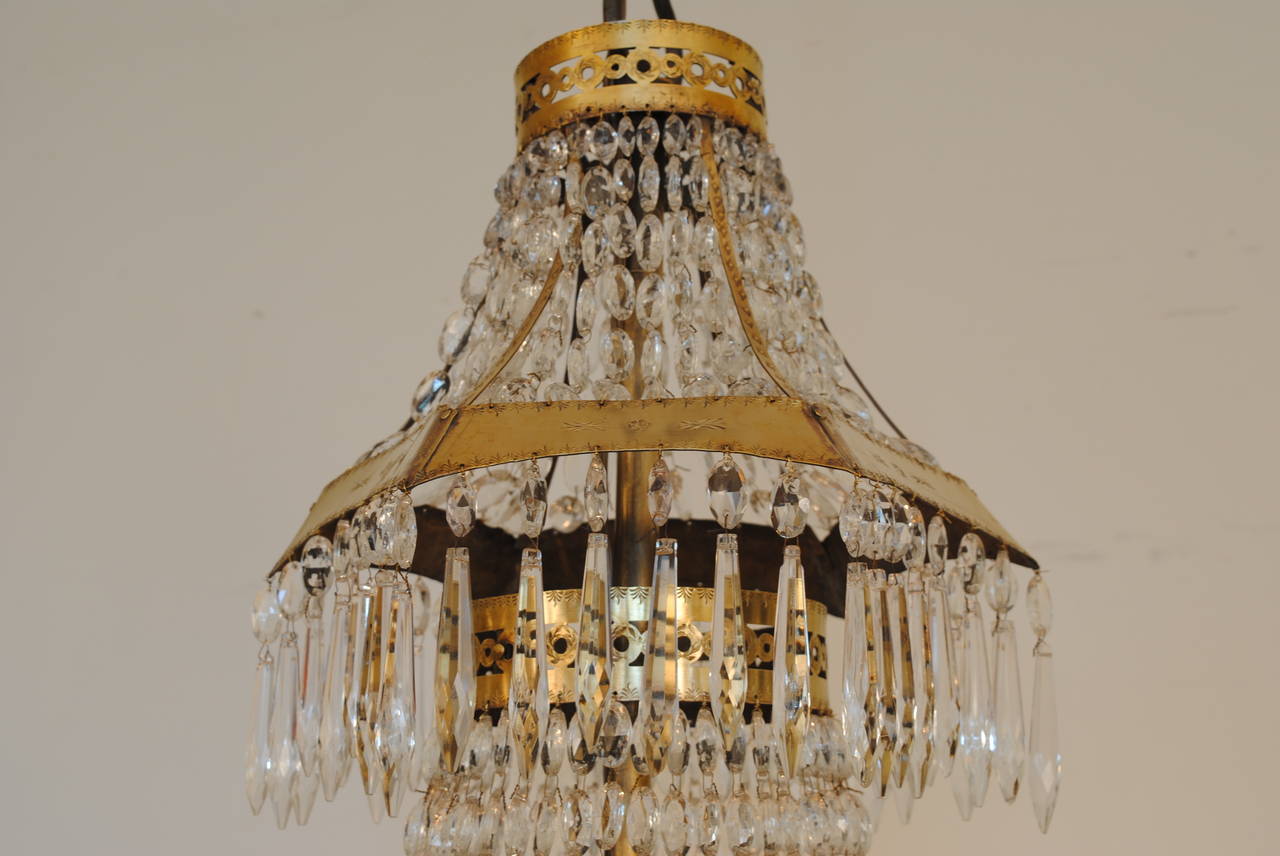 Neoclassical Continental, Possibly Swiss, Incised Brass and Glass Eight-Light Chandelier