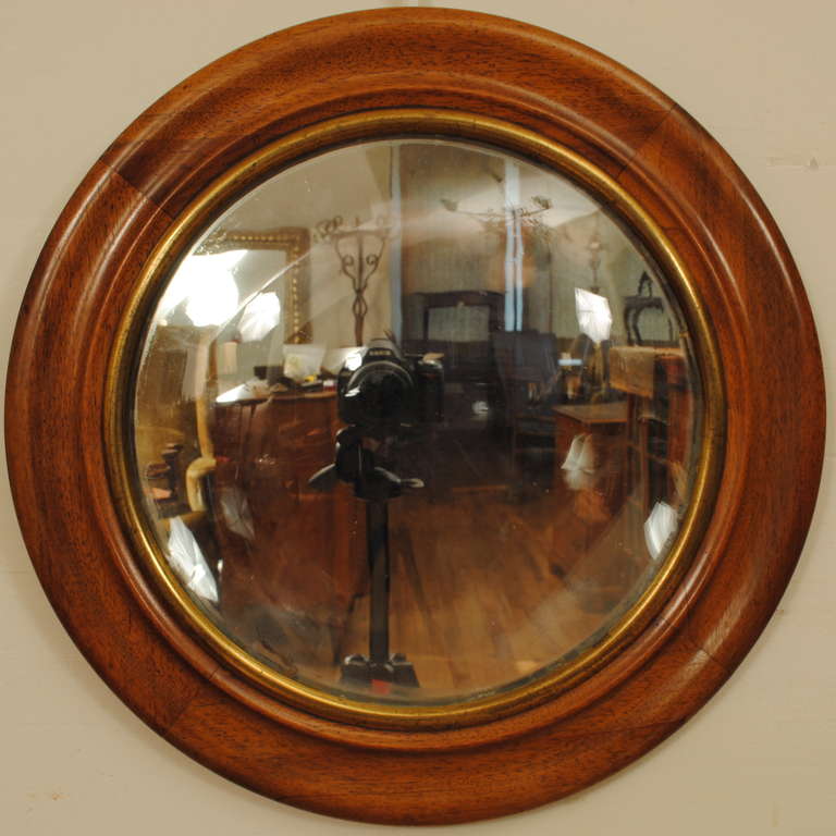 Walnut and giltwood round frame housing a mirror plate with a convex glass cover on top.