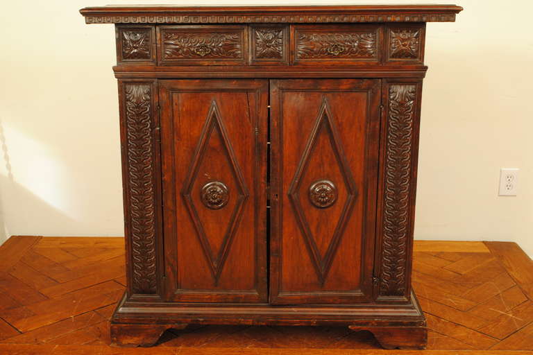 Two-Door Two-Drawer Carved Walnut Credenza, Tuscan, Mid 19th Century
