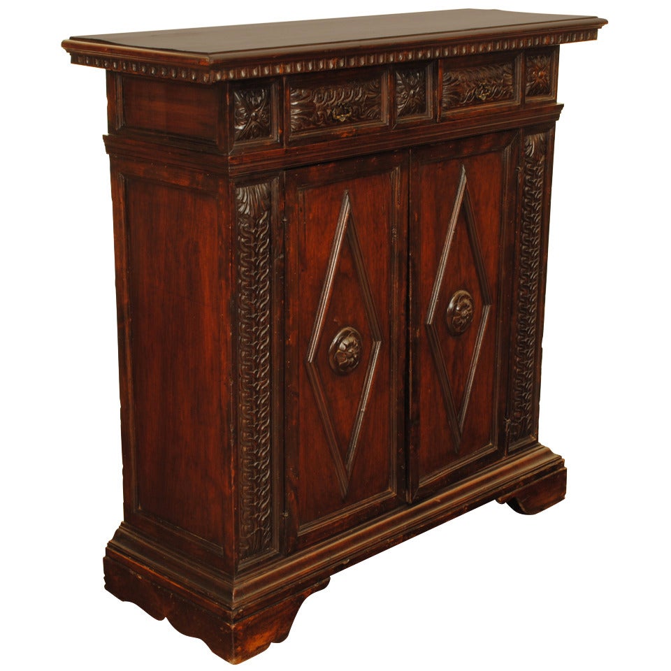 Two-Door Two-Drawer Carved Walnut Credenza, Tuscan, Mid 19th Century