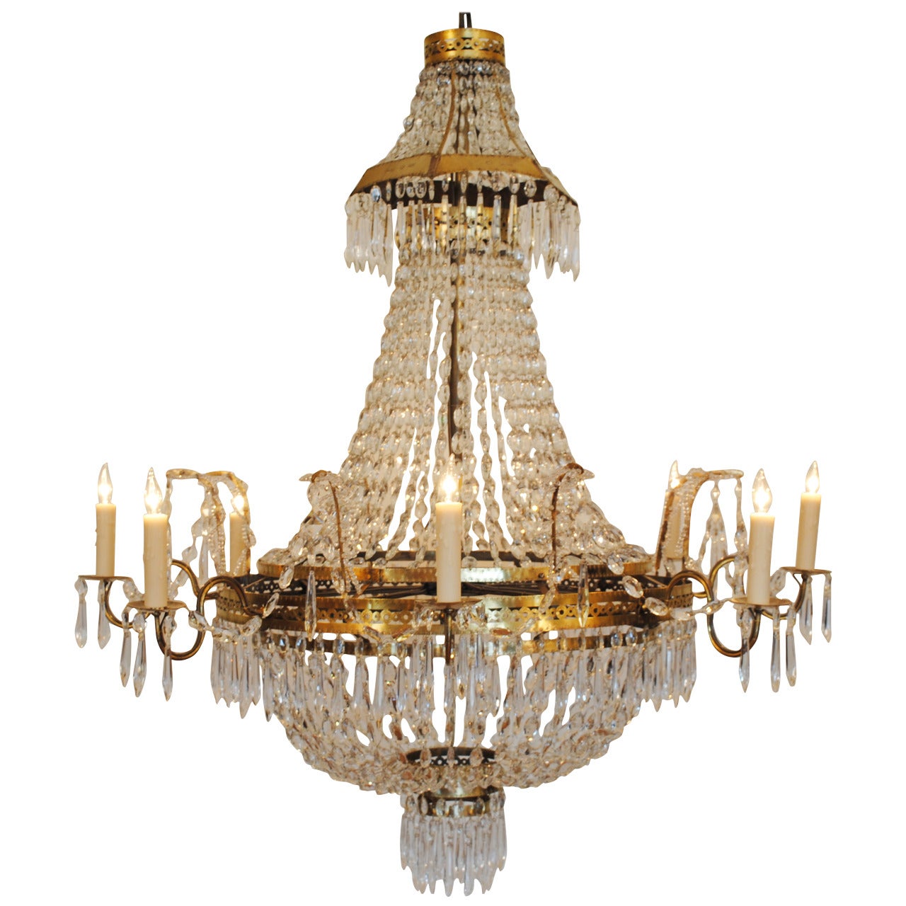 Continental, Possibly Swiss, Incised Brass and Glass Eight-Light Chandelier