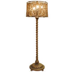 Italienische Stehlampe im Barockstil aus Messingguss mit gewebtem französischem Lampenschirm