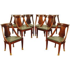 Set of Eight French Neoclassic Revival Dining Chairs in Mahogany and Brass