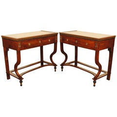 Pair of Sicilian Fruitwood, Ebonized, 
Carved Giltwood Marble-Top Consoles