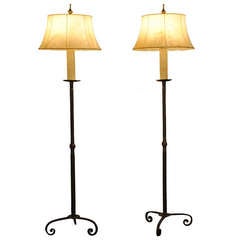 Pair of Italian Baroque Style, Wrought Iron Floor Lamps with Leather Shades
