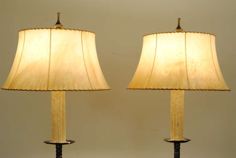 Baroque Revival Pair of Italian Baroque Style, Wrought Iron Floor Lamps with Leather Shades