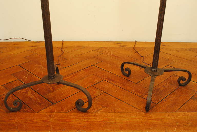 Pair of Italian Baroque Style, Wrought Iron Floor Lamps with Leather Shades 2