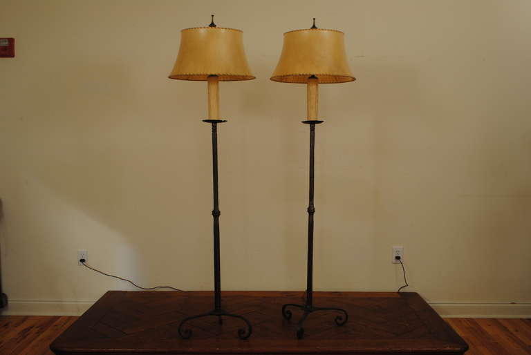 Pair of Italian Baroque Style, Wrought Iron Floor Lamps with Leather Shades 5