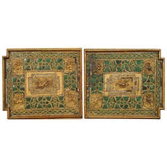 Pair of Carved Giltwood, Mirrored and Green Glass Panels, Bali, 19th Century