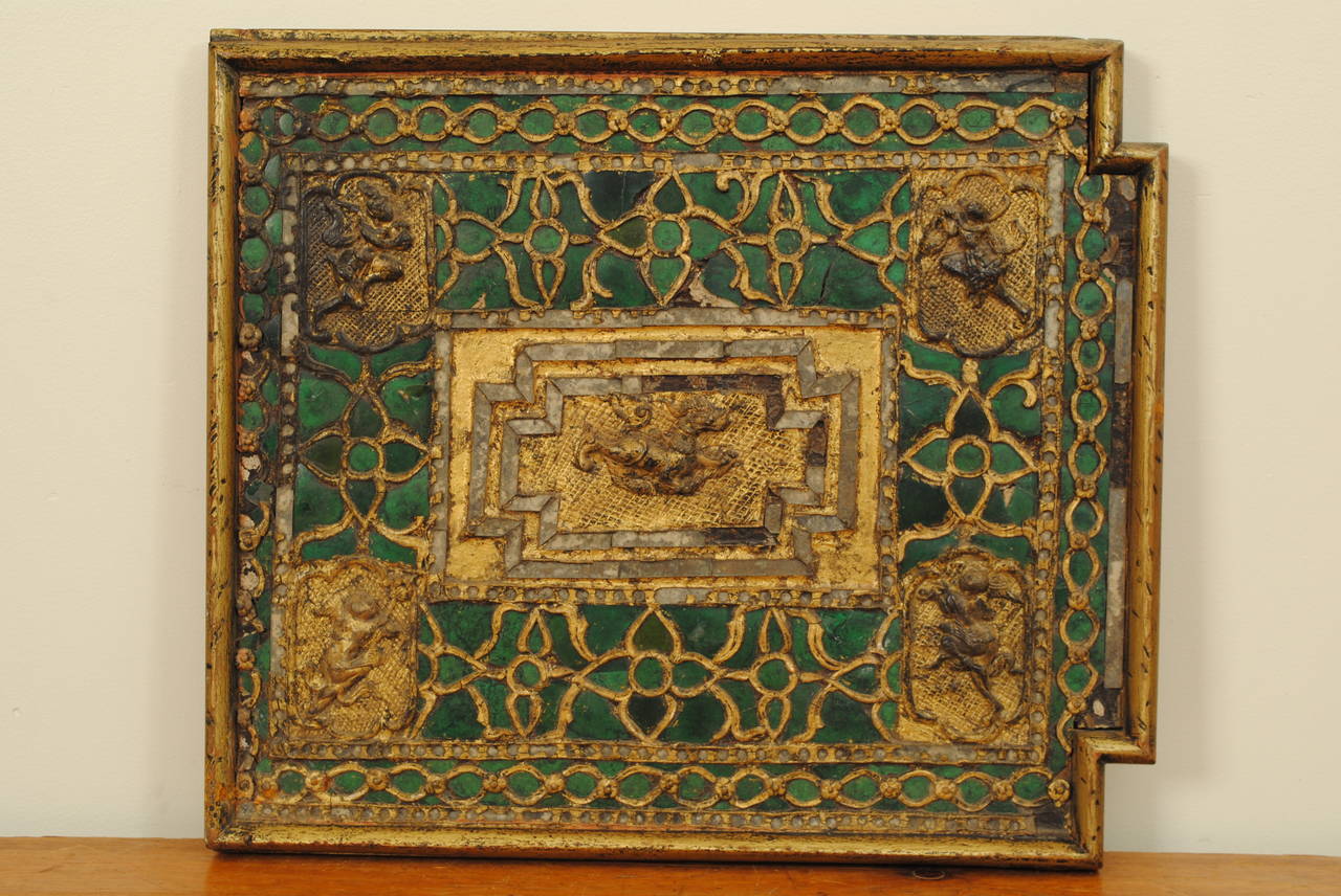 Pair of Carved Giltwood, Mirrored and Green Glass Panels, Bali, 19th Century
