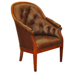 German Neoclassic Fruitwood Bergere in Tufted Leather, Early 19th Century
