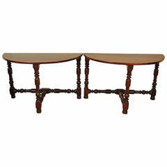 Pair of Italian Late Baroque Style, Walnut Demilune Console Tables