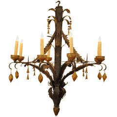Antique An Italian, Piemontese, Wooden, Iron, and Metal 8-Light Chandelier