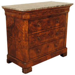French, Louis Philippe Burled Walnut 3-Drawer Marble-Top Commode