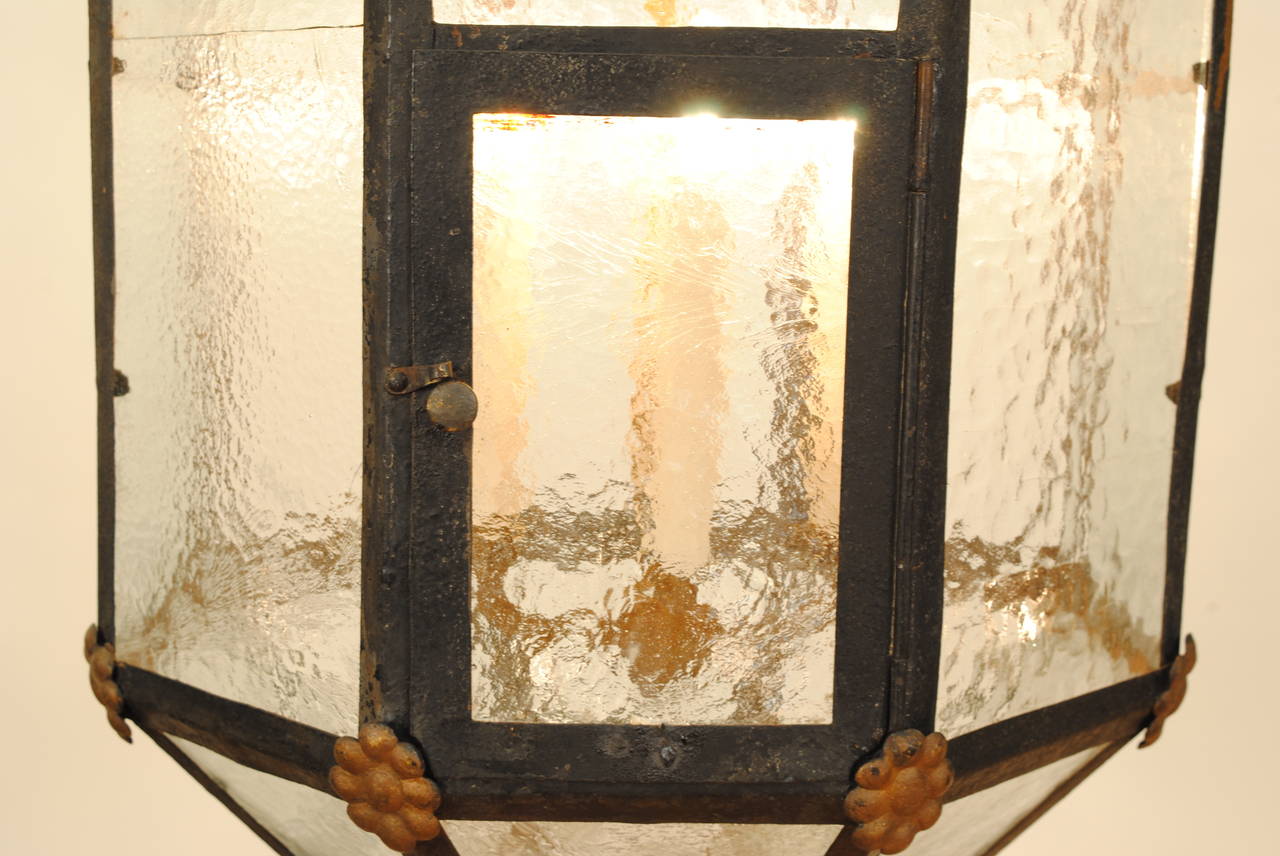 Mid-19th Century German Neoclassical Octagonal Shaped Iron, Gilt Metal and Glass Lantern